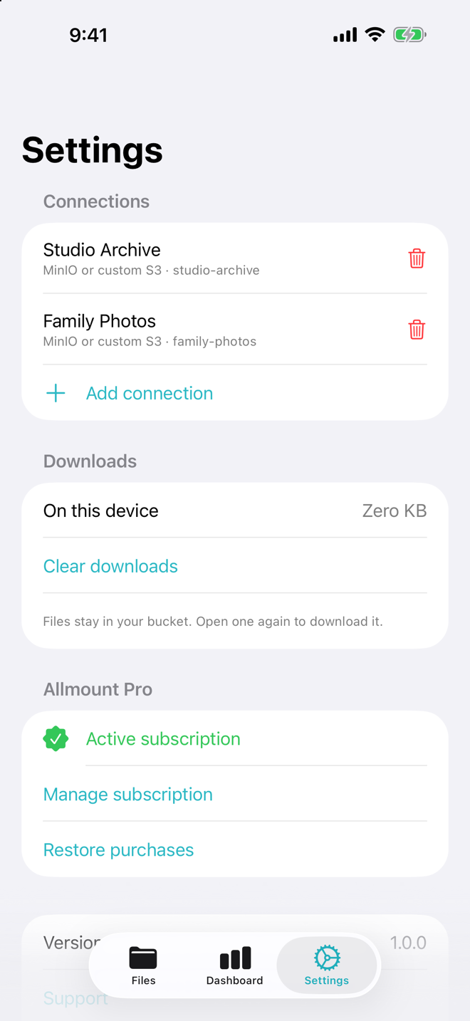 Allmount Settings on iPhone listing two connections, Studio Archive and Family Photos, with an active Pro subscription